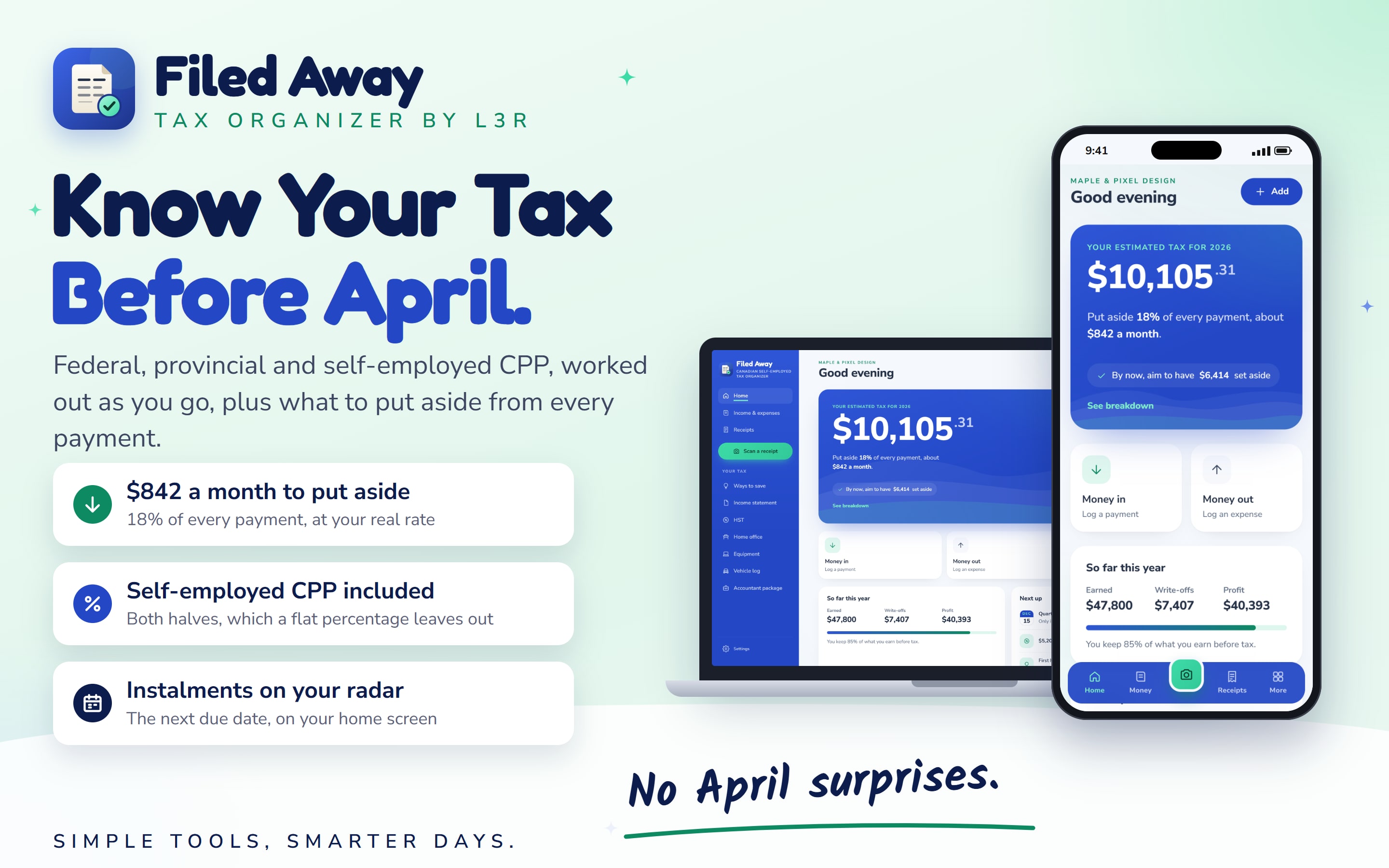 Filed Away tax estimate: federal, provincial and self-employed CPP worked out as you go, with $842 a month to put aside