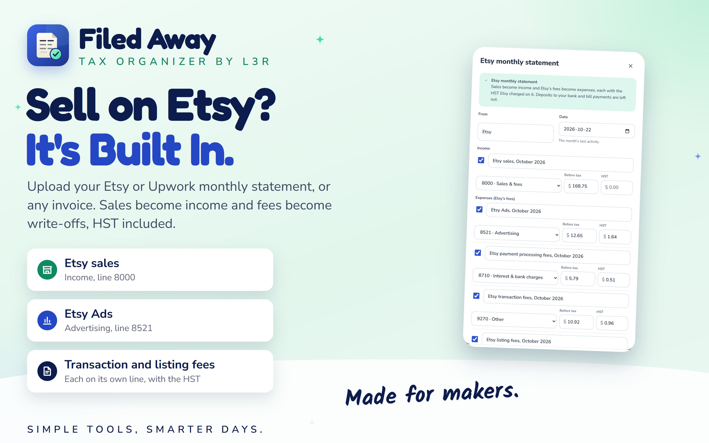 Filed Away importing an Etsy monthly statement: sales filed as income on line 8000, and Etsy fees and ads as expenses, HST included