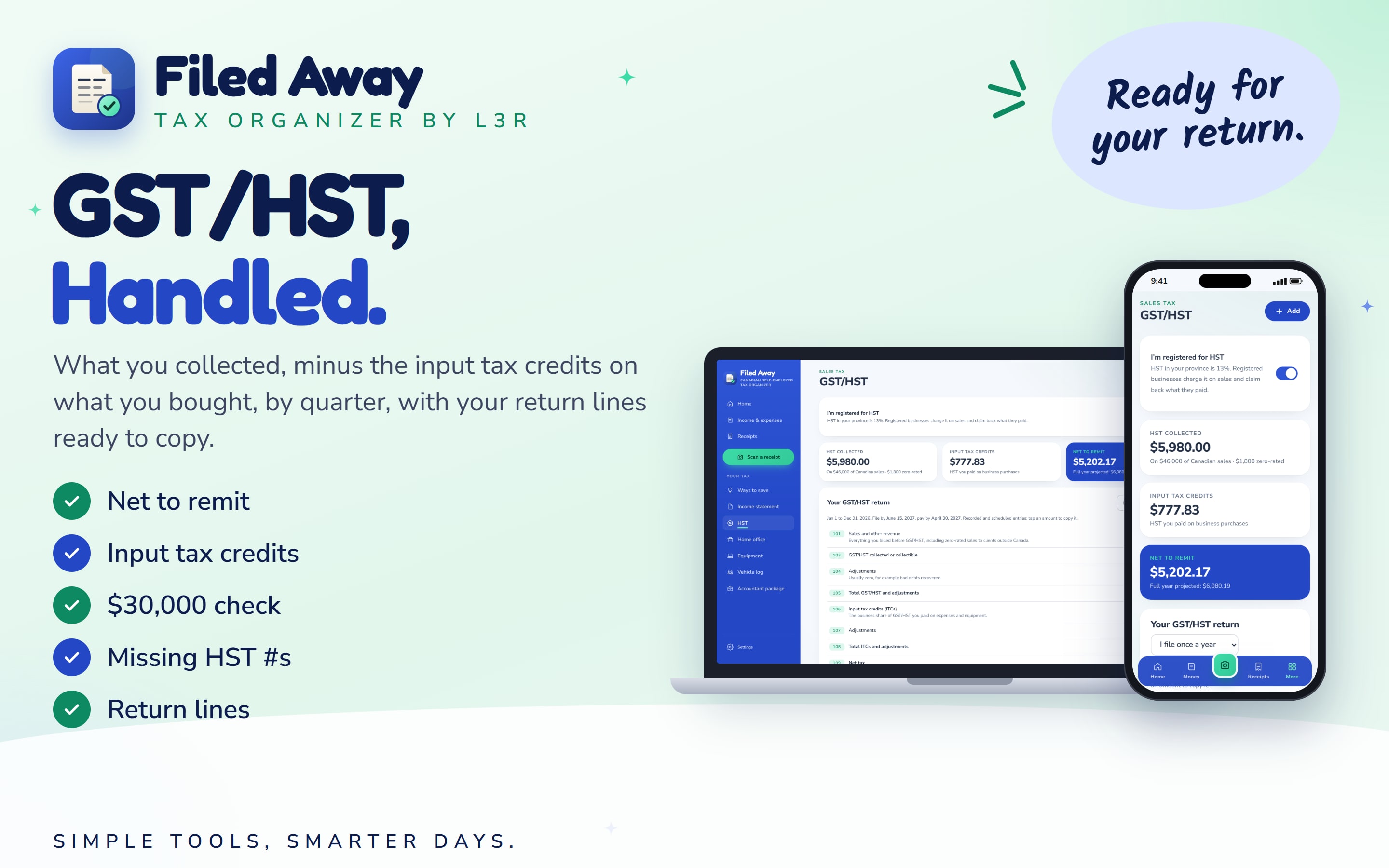 Filed Away GST/HST tracker by quarter: tax collected, input tax credits, and the net amount to remit