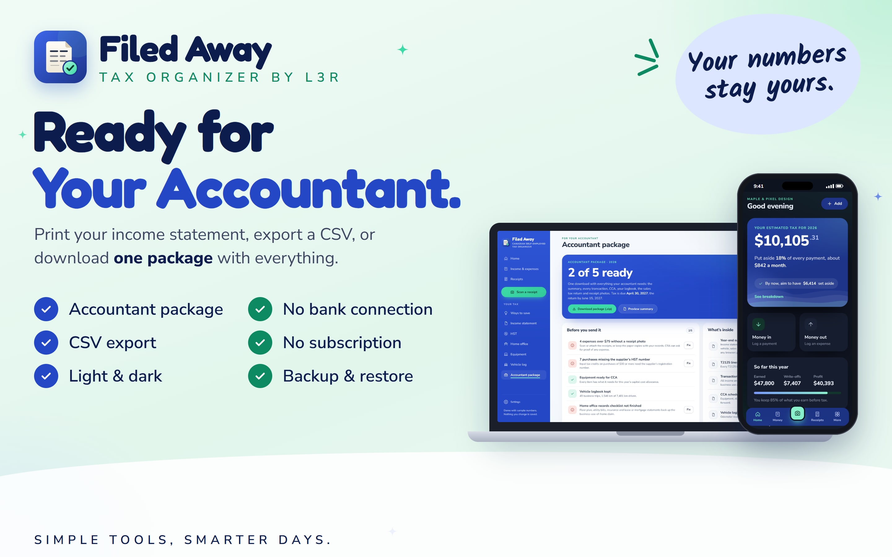Filed Away accountant package: the income statement and a CSV export, ready to send to your accountant