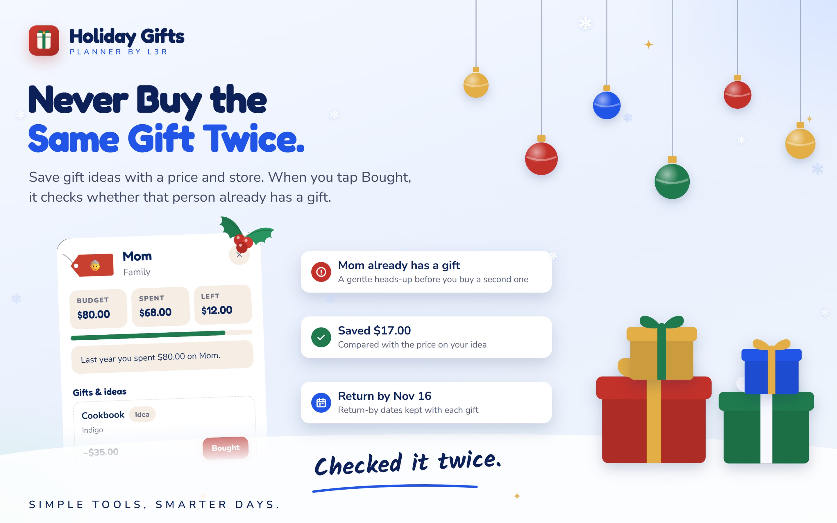 Holiday Gifts Planner warning that Mom already has a gift before a second one is bought, with last year's spend shown on her card