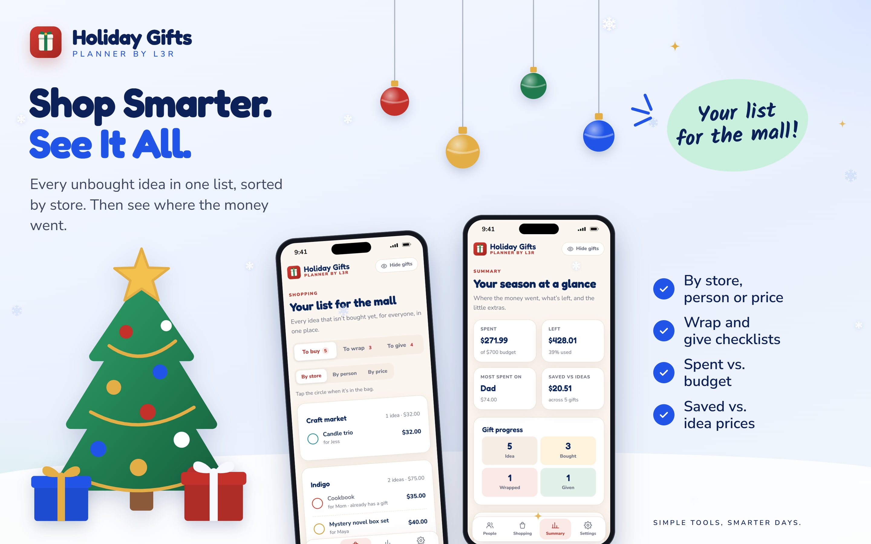 Holiday Gifts Planner shopping list sorted by store, and a season summary of what was spent, what is left and gift progress