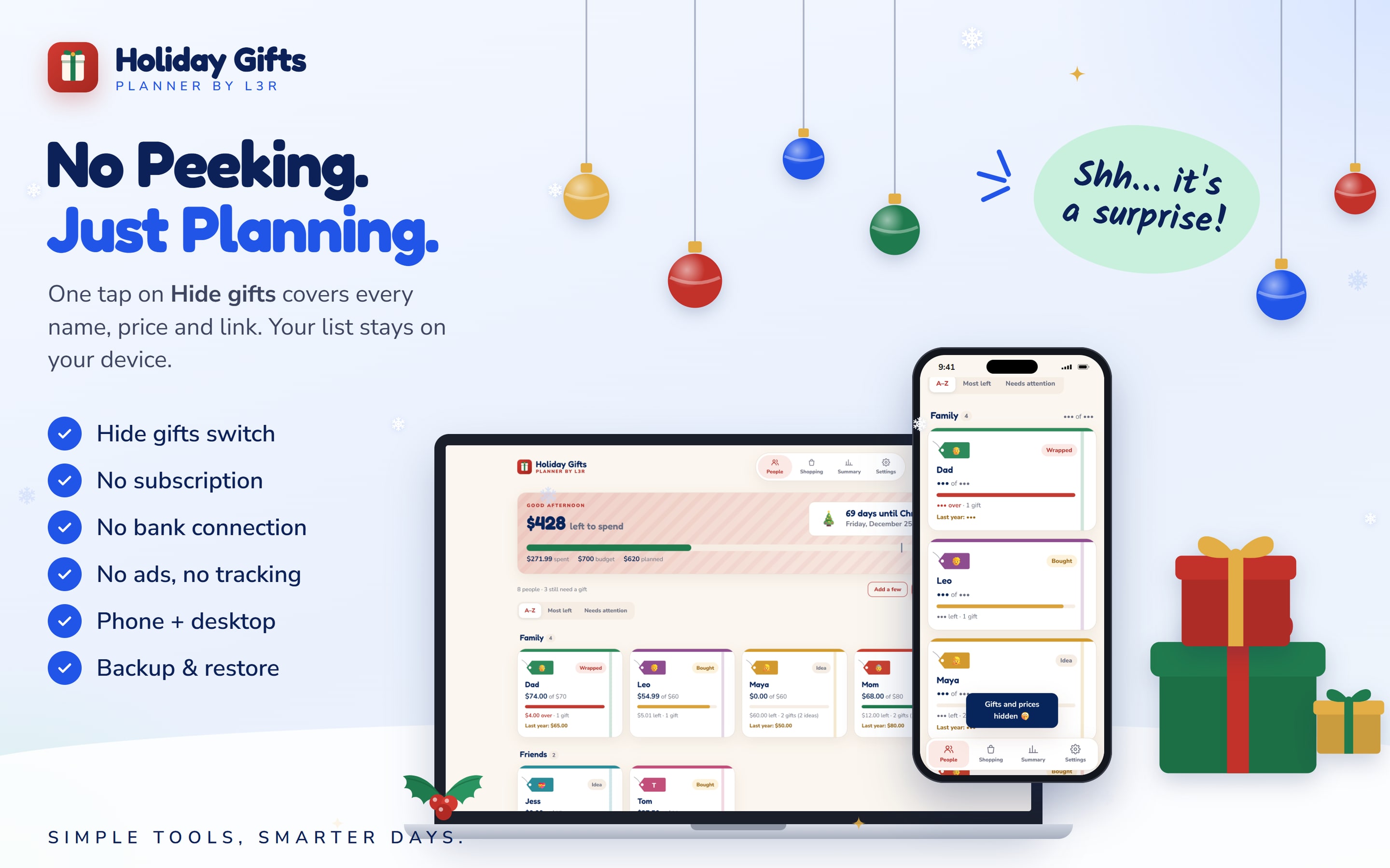 Holiday Gifts Planner with Hide gifts turned on, covering every gift name and price so the list stays a surprise
