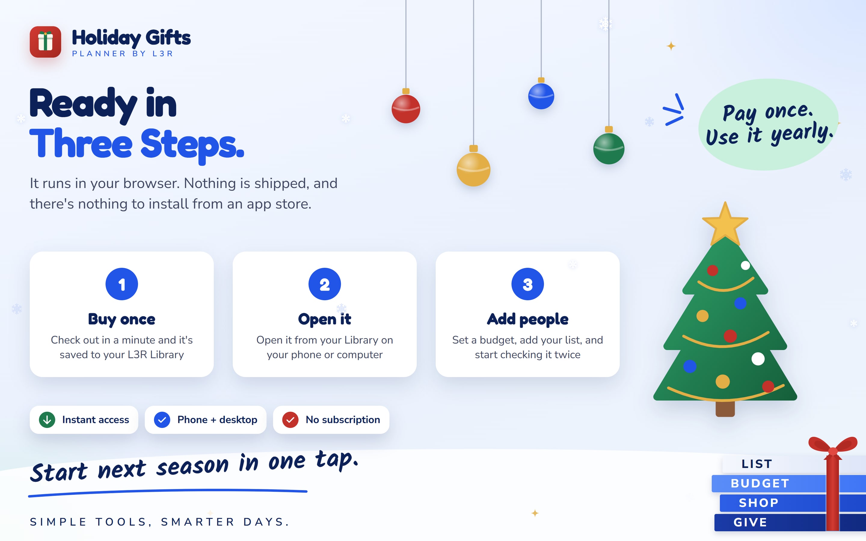 How Holiday Gifts Planner works: buy once, open it from your Library, add the people on your list and set their budgets