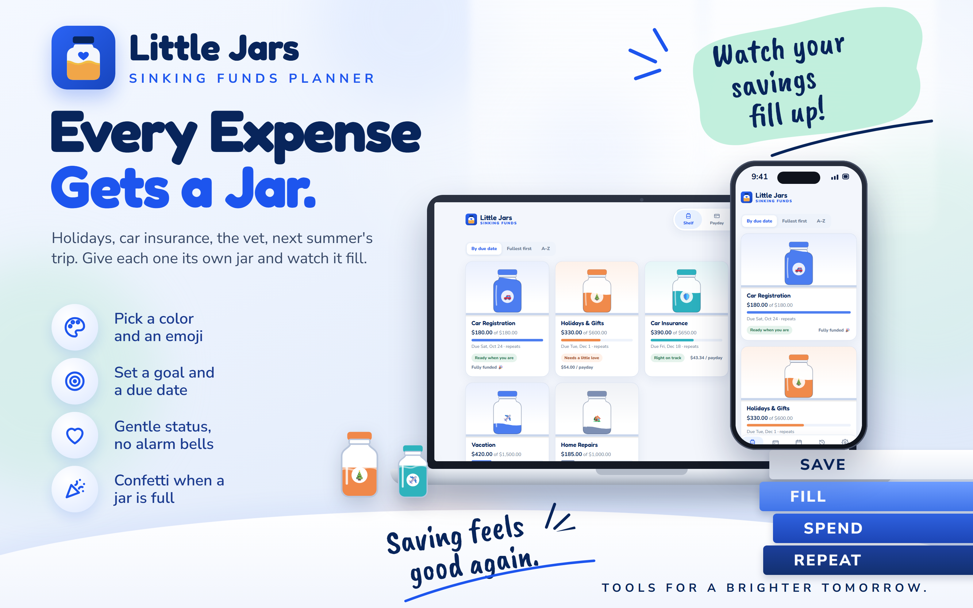 Little Jars shelf of savings jars for car registration, holidays and gifts, car insurance, vacation and home repairs, each filling toward its goal
