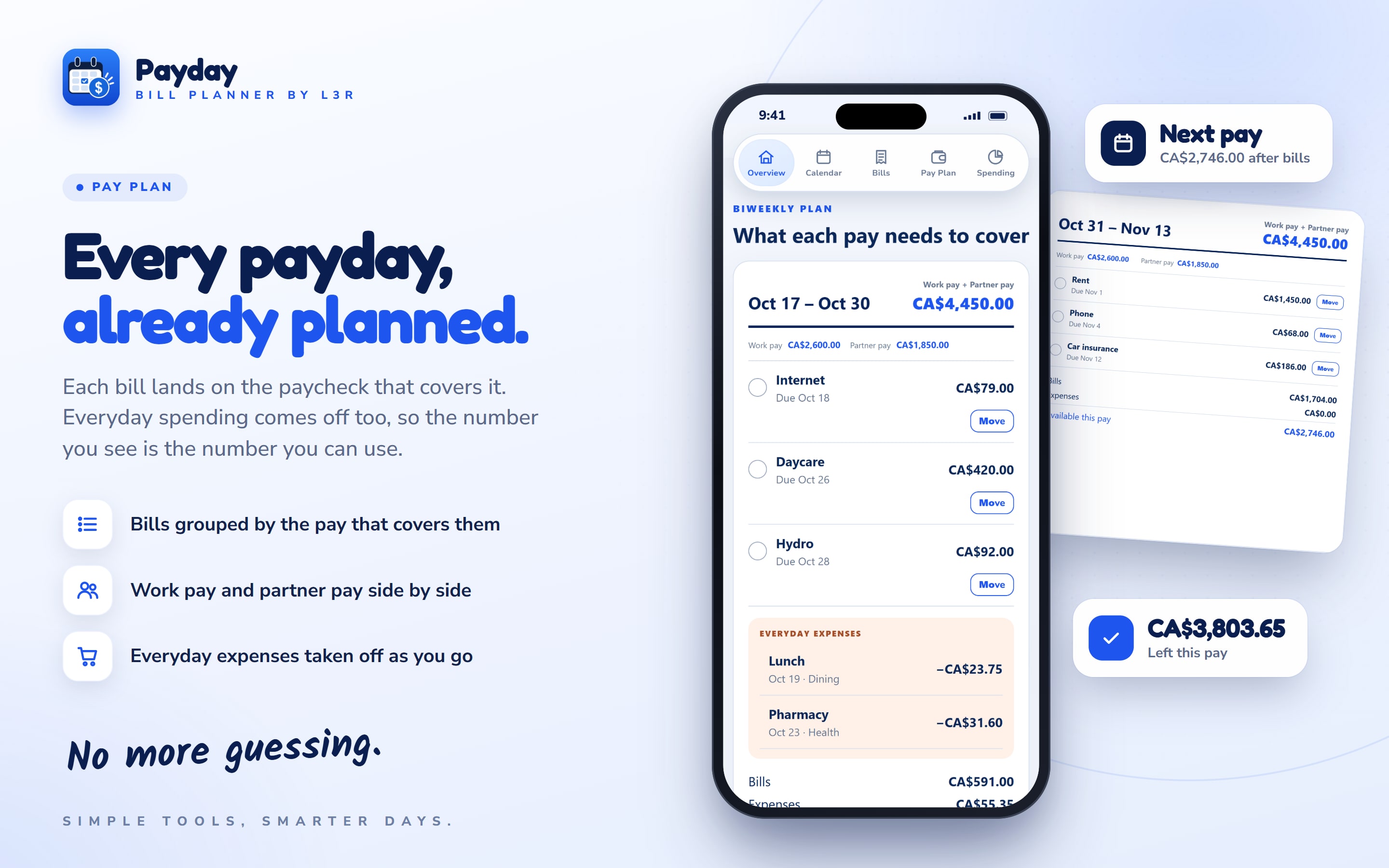 Payday Bill Planner pay plan: each bill grouped under the paycheck that covers it, everyday spending taken off, and what is left this pay