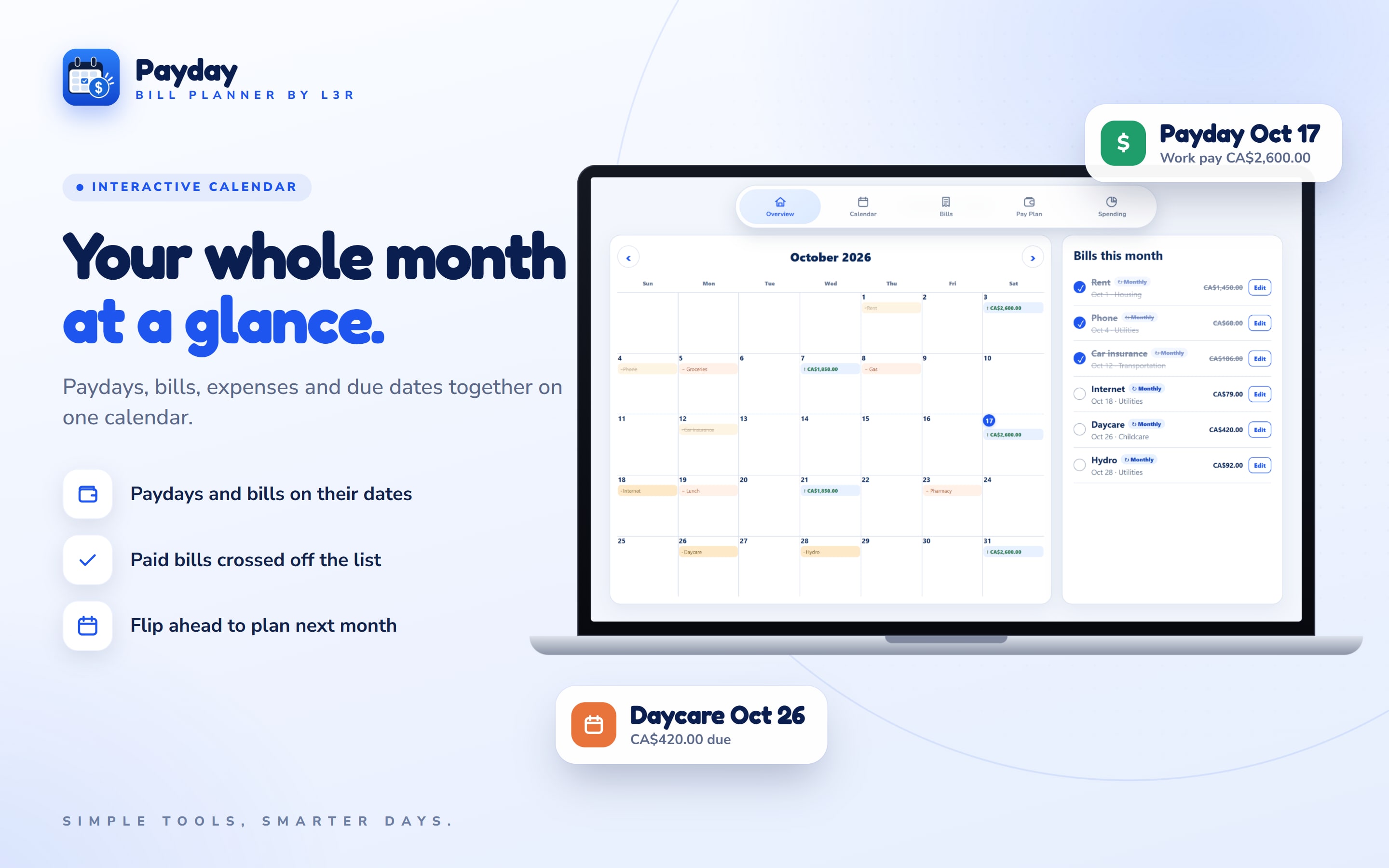 Payday Bill Planner calendar for October 2026, with paydays, bills and due dates in one month view and paid bills ticked off
