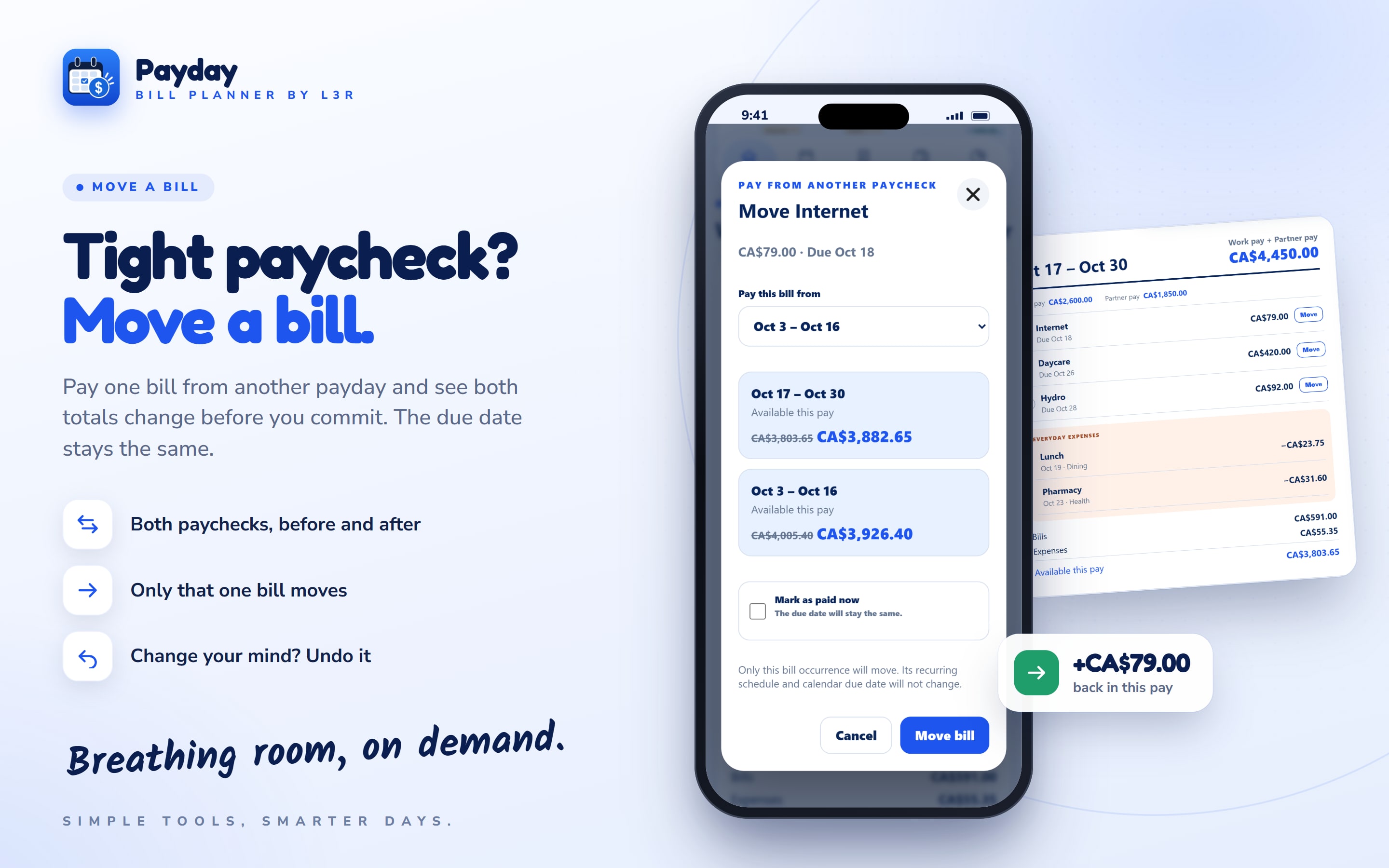 Moving the internet bill to an earlier paycheck in Payday Bill Planner, with both paychecks' available totals shown before and after