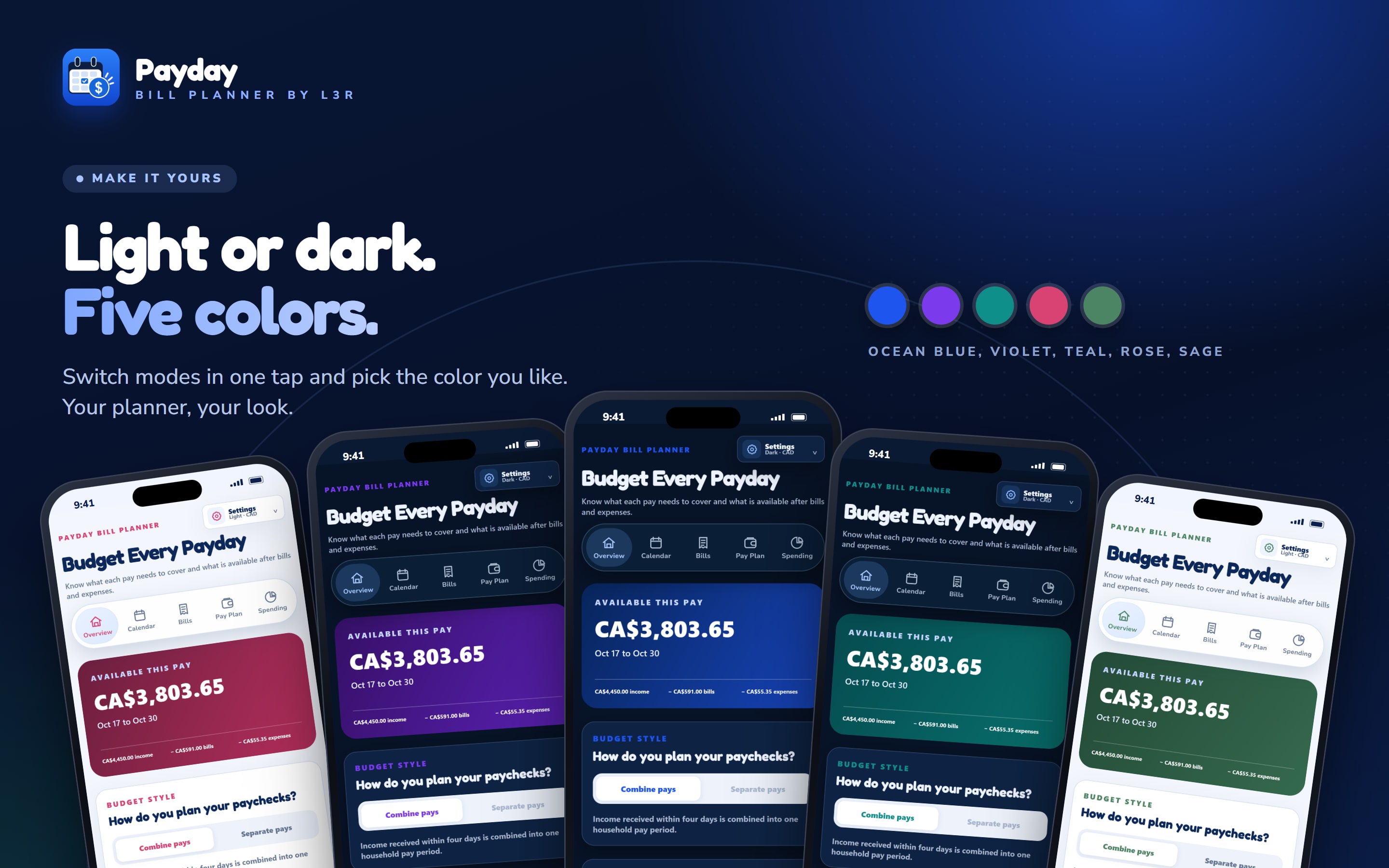 Payday Bill Planner in light and dark mode across five colour themes: ocean blue, violet, teal, rose and sage