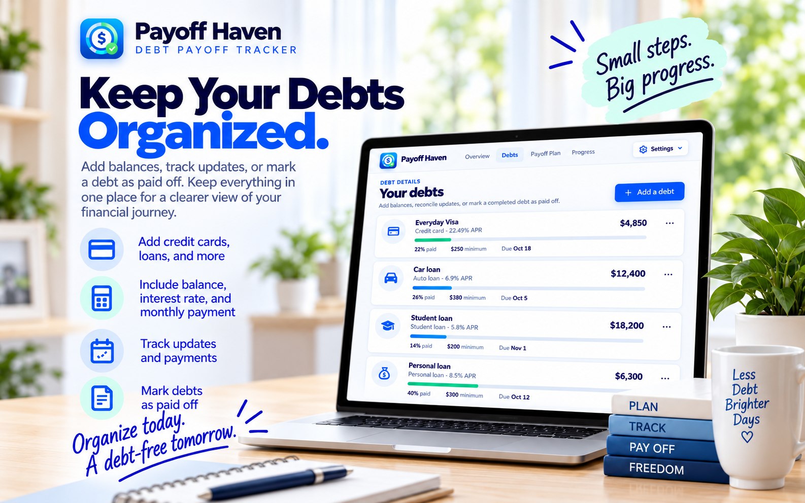 Payoff Haven debt list: a credit card, car loan, student loan and personal loan, each with its balance, interest rate, minimum payment and due date