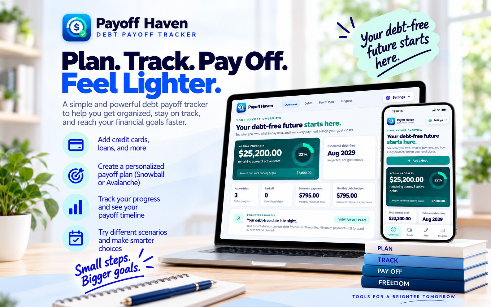 Payoff Haven debt overview on a laptop and phone: $25,200 left across three debts, 22% paid off and a projected debt-free date of August 2029