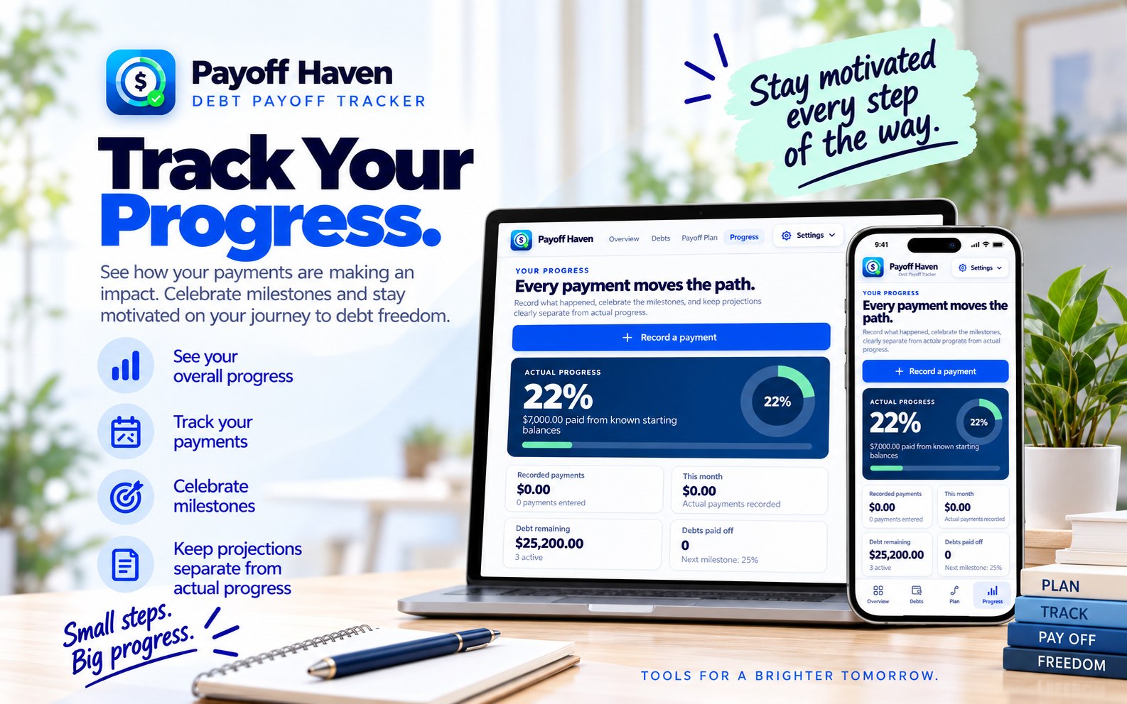 Payoff Haven progress screen: 22% of the starting balance paid off, with payments recorded and milestones tracked